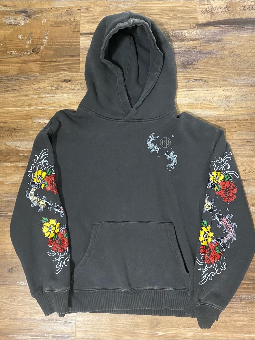 Ninth Hall Fundamentals Rosso Black Mineral Wash Hoodie, Womens Size Medium